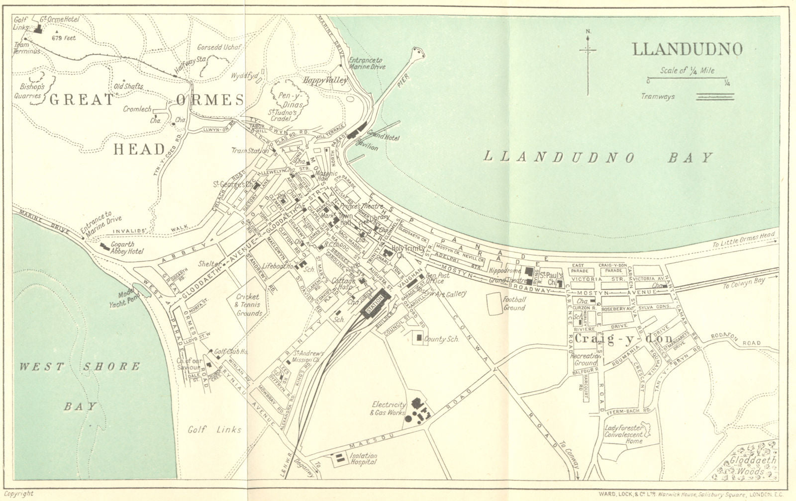 LLANDUDNO vintage town/city plan. Wales. WARD LOCK 1924 old antique map chart
